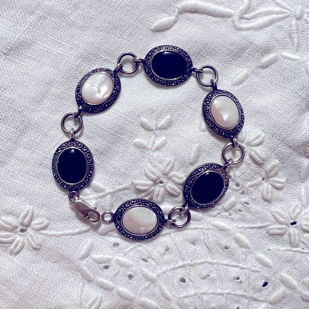 Sterling Silver 925A Tennis Bracelet Black Onyx/pink Mother of Pearl Thailand